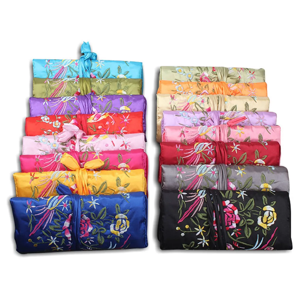 Venta al por mayor Joyería de seda bolsa de viaje Brocade Tela Organizador Plegable Roll Bolsa
