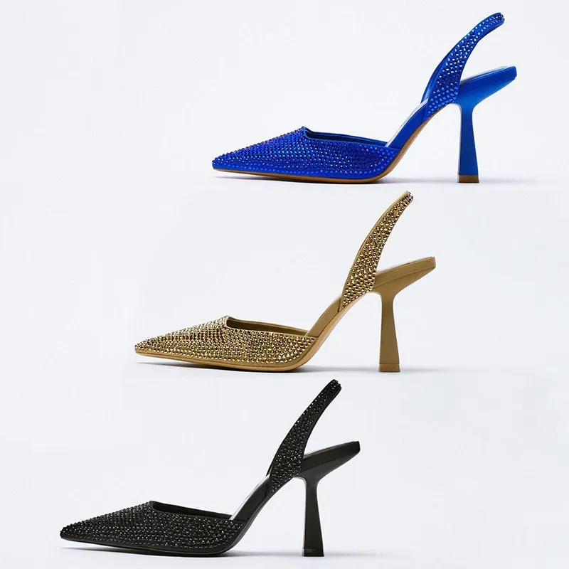 WSL TRAF Za Spring Woman Shoes Set Diamond Siamed Toe Slingback z obcasami Buty Czarne damskie Slingback Mules Sandals 220326