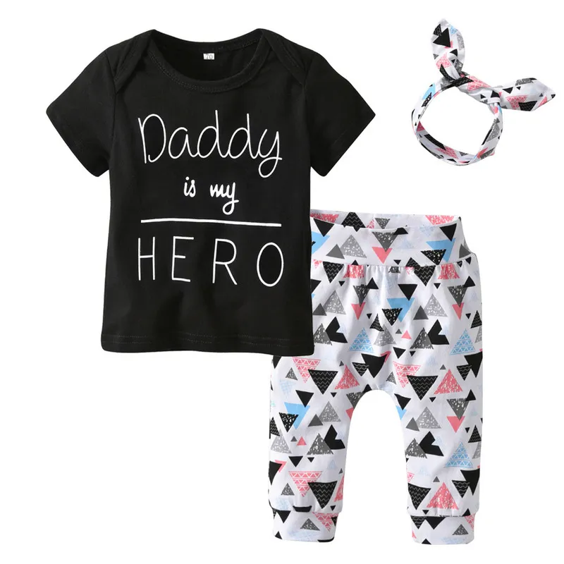 Summer born Infant Baby Girl Clothes Daddy is my Hero Short Sleeve T-shirt Tops+Pants+Headband Toddler Outfits Set 220507