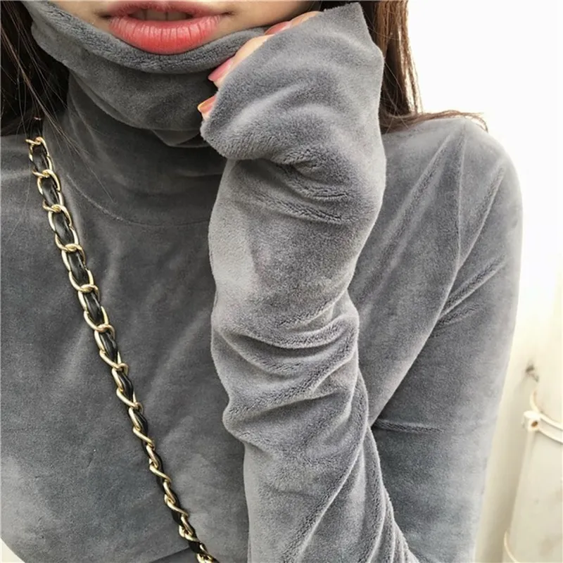 Women T Shirt Soft Fleece Velvet Turtleneck Shirt Solid Long Sleeve Autumn Fitness Vintage Girls Bottom Tops Clothing 220714