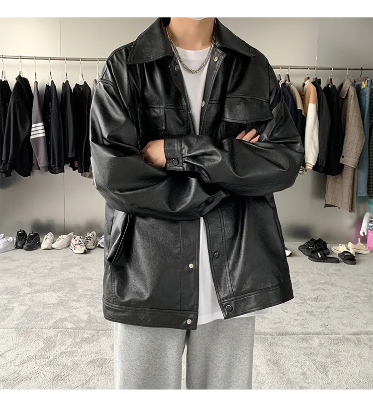 Veste en simili cuir pour hommes, Streetwear japonais Harajuku, mode ample, surdimensionné, manteau de fourrure Vintage, décontracté, Trench-Coat noir Y2k
