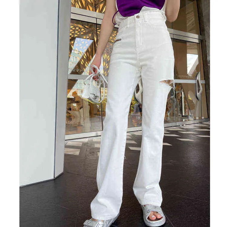 Denim coton pantalon droit couleur claire taille haute ordinaire lavé urbain décontracté blanc jeans pour femmes avec des trous