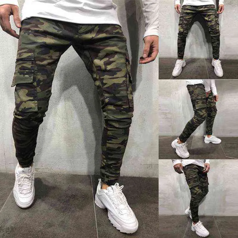 Camouflage Style Hommes Jeans Jogger Pantalon Militaire Pantalon Slim Multi-Poche Cargo Pantalon Hip Hop Couleur Unie Crayon Jeans Hommes G0104