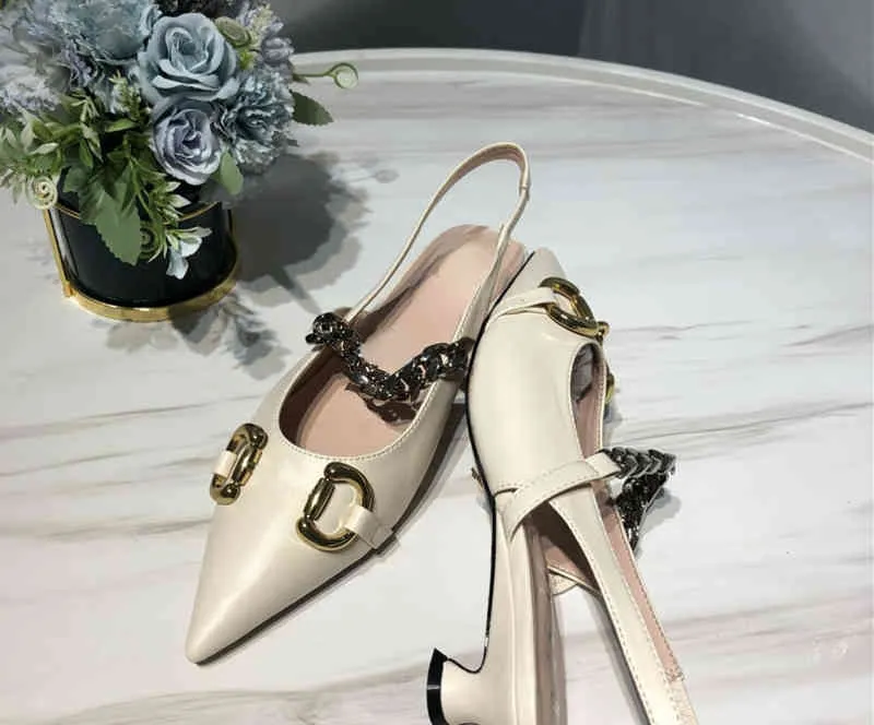 Baotou sandals fairy style flat bottom chain straight belt summer style Horse Street buckle pointed shoes