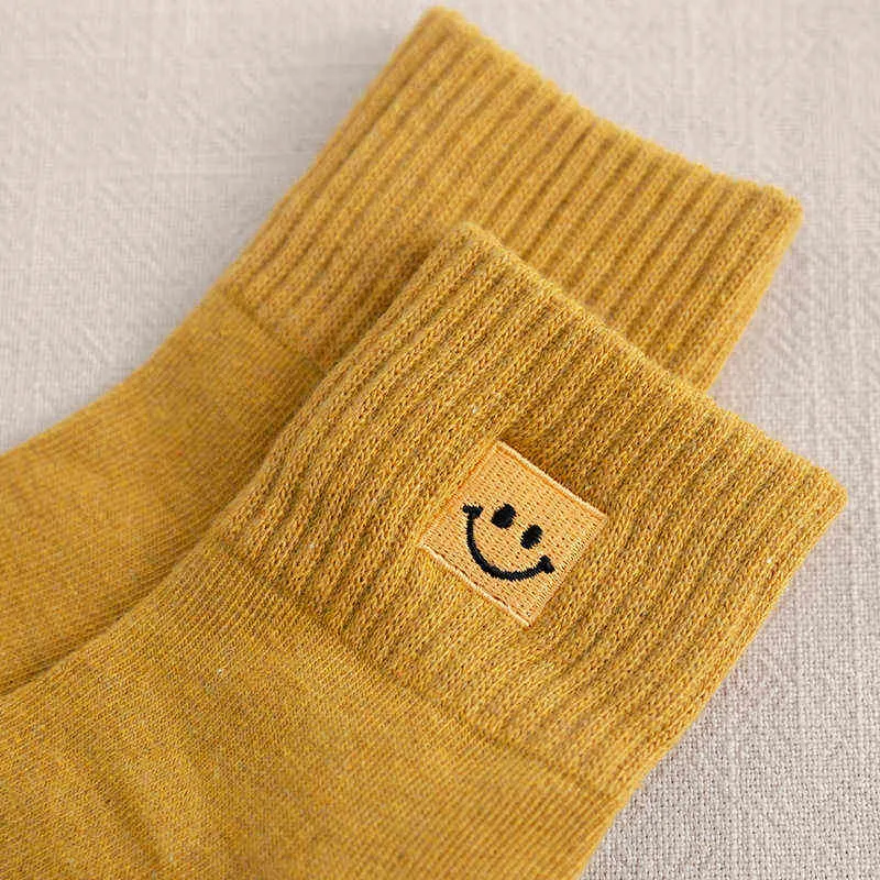 Calcetines sonrientes de algodón para mujer, bordado de dibujos animados, bonitos, sólidos, transpirables, Happy Harajuku, sonrisa informal, divertido