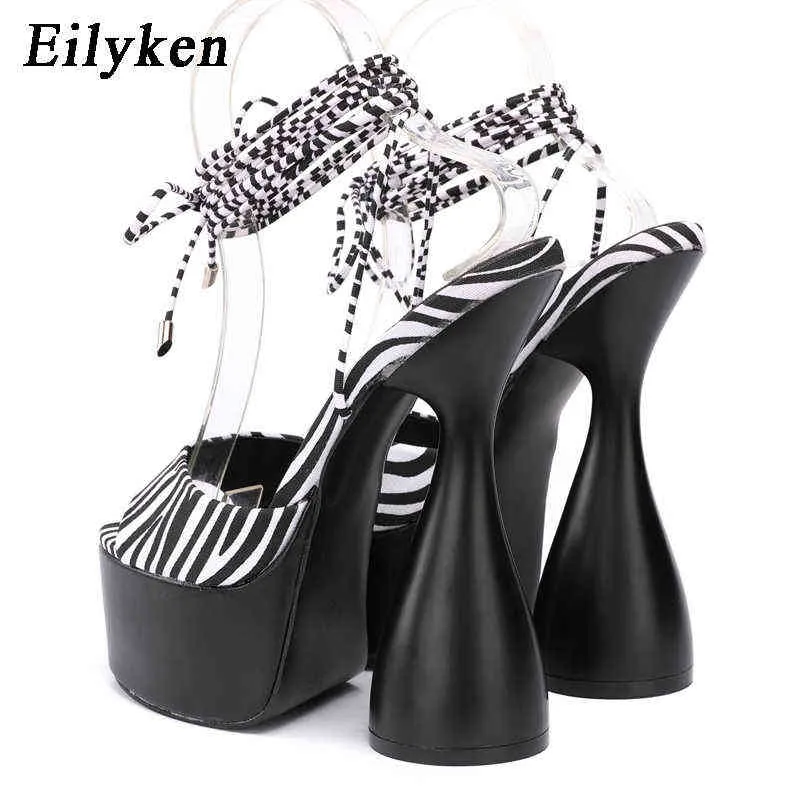 Sandaler Eilyken Zebra Strappy Chunky Heels Fashion Peep Toe Ankel Cross Lace-up Platform Stripper Sandaler Kvinnor Skor 220316