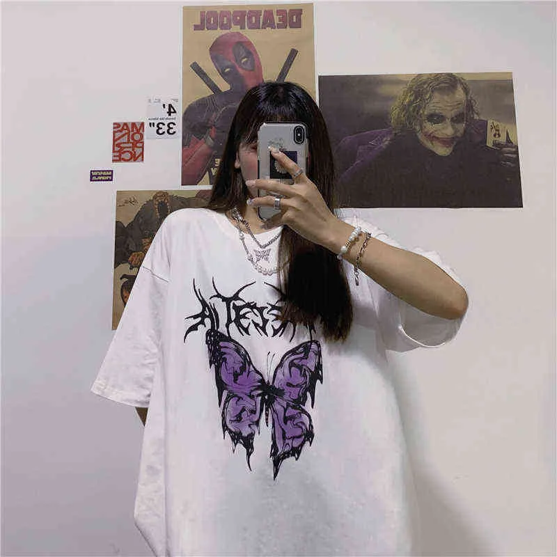 Herrblusfjäriltryck överdimensionerad t-shirt harajuku skörd topp kvinnor kläder kawaii streetwear kort ärm kvinnliga kläder g220512