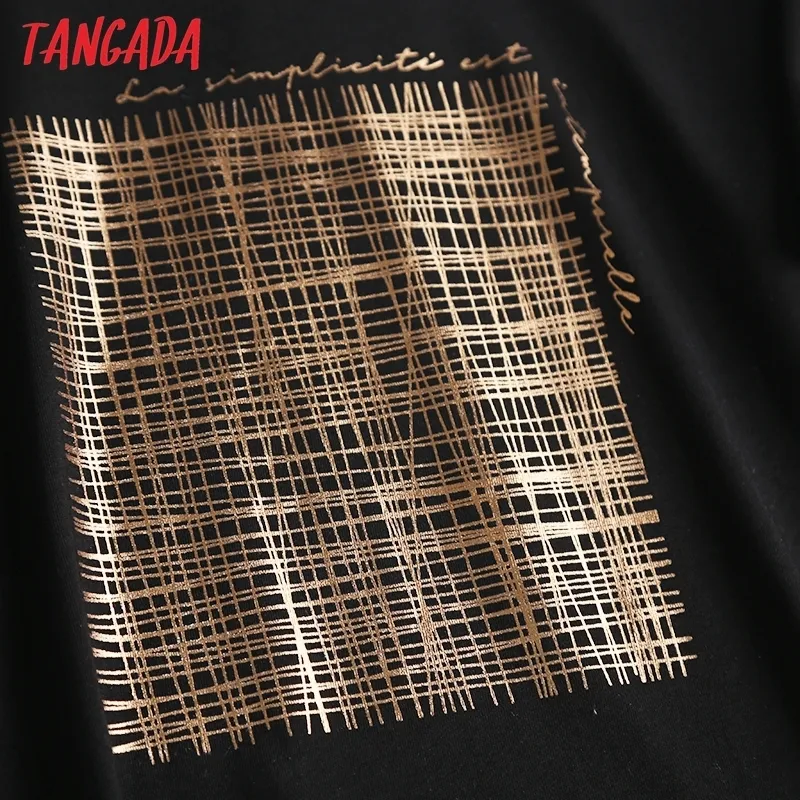 Tangada Damen-T-Shirt aus Baumwolle mit schwarzem Buchstaben und goldenem Aufdruck, kurzärmelig, T-Shirt für Damen, lässiges T-Shirt, Street Wear Top 6D04 220402