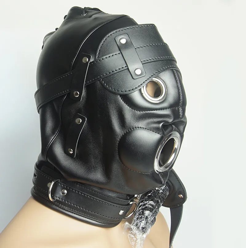 Bondage Full Hood Mask, BDSM Seksowne zabawki dla par, niewolnicza skóra wiązka wyściełana gimp, dildo/pierścień/knebl