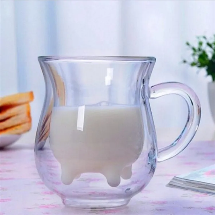 Home Creatieve tuimelaars koe dubbele laag glazen creamer cup 250 ml mooie melkkruik sap thee koffiekopjes heldere bril mug melk fron frother pitcher ZC1215