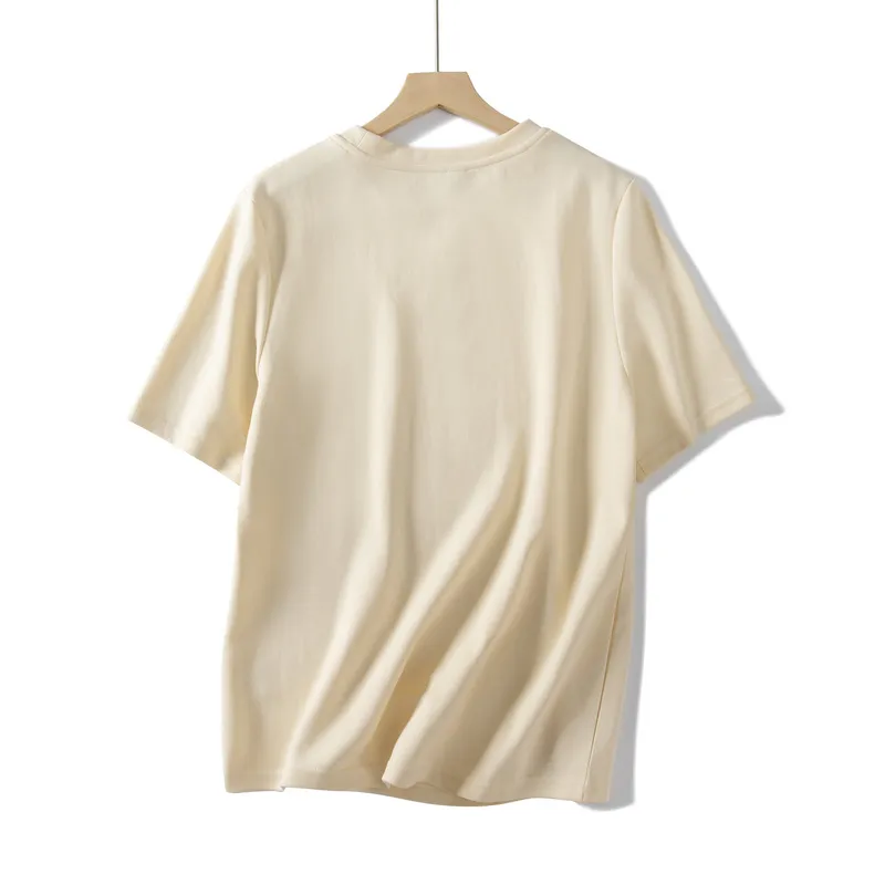 Summer Women T Shirt Z Krótkim Rękawem Casual Top Tees Grube Wysokiej Jakości Koszula Biały Beżowy Purpurowy Żółty Szary 220328