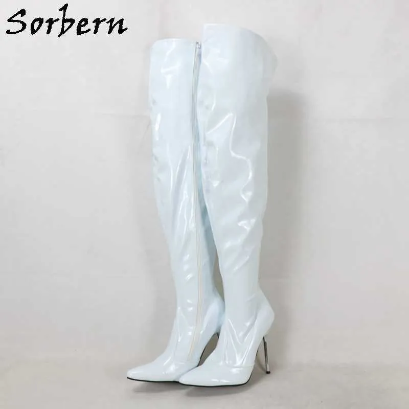 Sorbern 12cm Silver Metal Heel Boots Women Performance Show Shoe Patent Burgundy Mid Thigh High Boots Stretched Pointed Toe