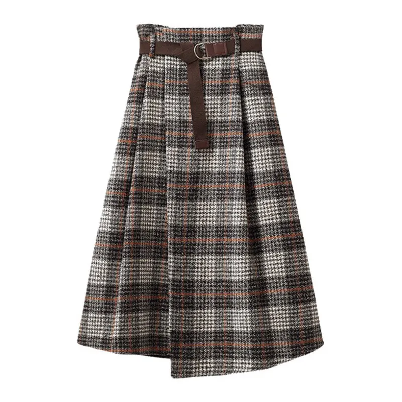 Rokken Dames Retro Plaid Herfst Winter Midi Rok A-lijn Hoge Taille Office Dame Mode Vrouwelijke Stijlvolle Plus Size Kleding 220317