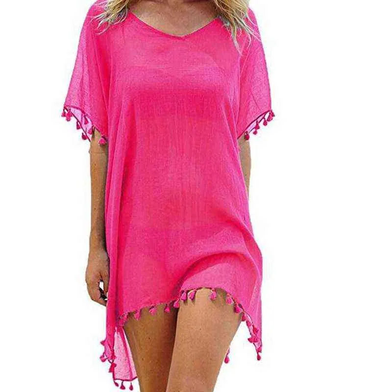 Hirigin Women Dress Sexy Tassels Chiffon Beach Swimsuit Cover Up Pareo Cap Swimwear Swimsuits Summer Mini Dress Loose Solid Ups Y220526