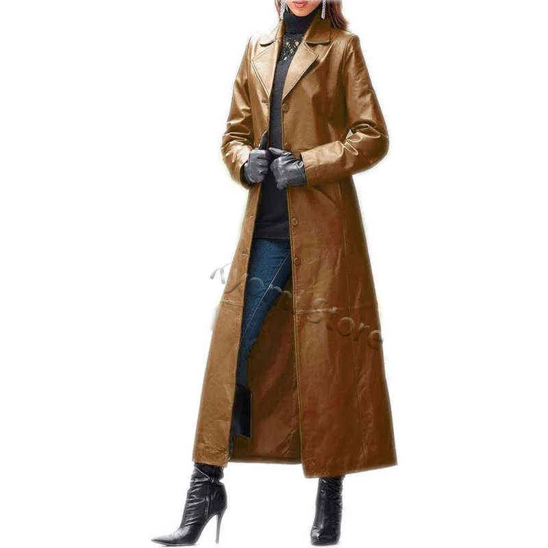 Jacka Long Women's Clothing Streetwear Solid Color Steampunk Gothic Lapel Biker Jacket S-5XL Woman Faux Leather Trench Coat L220801