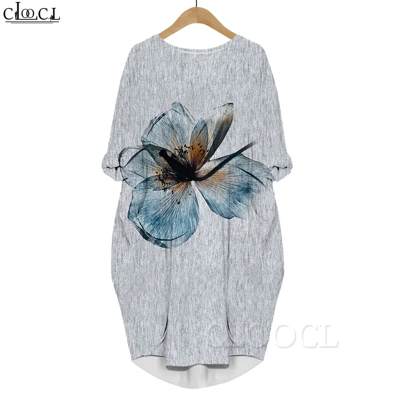 Kobiety sukienki niebieskie kwiaty 3D grafika drukowana luźne sukienki córki z długim rękawem sukienka kieszonkowa wieczór 220616