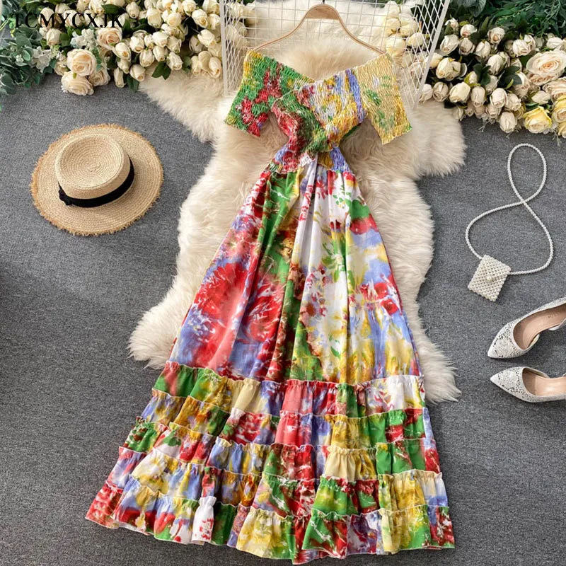 Boheemse dames Tie kleurstof gedrukte kleding met korte mouwen vrouwen zomer lange jurk v-neck hoge taille vakantie strand ruches vestidos 220517