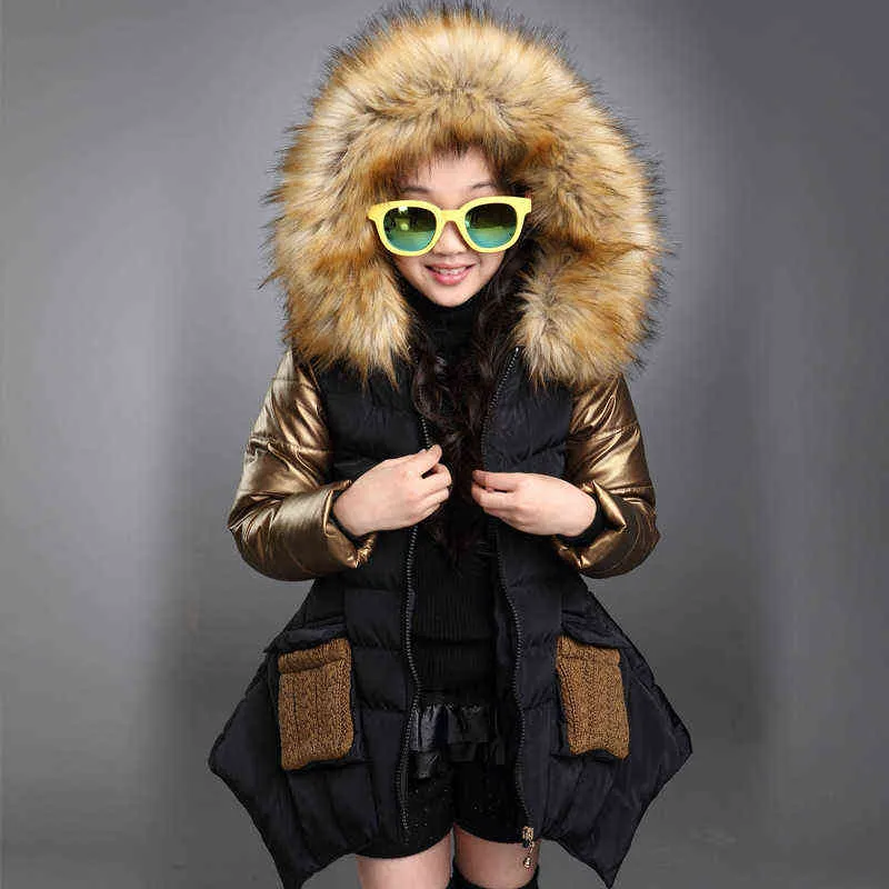 2-10-летняя девочка для девочек зимняя куртка детей вниз куртка мех капюшон сшивать модные теплые девушки с верхней одеждой платье J220718