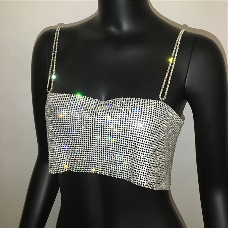 Sexig guld silver sommar glänsande kristall kedja tank topp metall s halter backless vest party clubwear outfits 220316