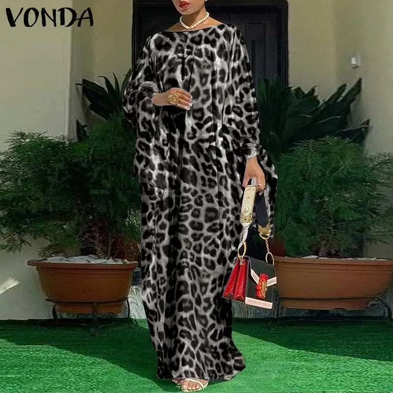 Frauen Kaftan Kleid VONDA Sommer Vintage Leopard Print Party Lange Maxi Casual Sleeve Plissee Robe Strand Vestidos 220521