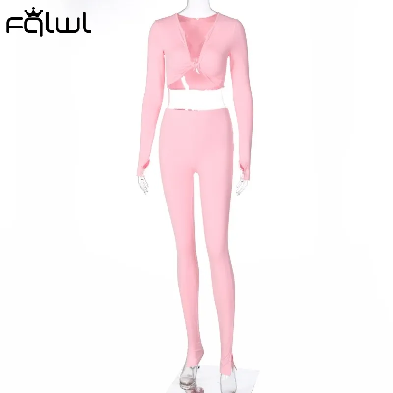 FQLWL Casual Summer 2 Two Piece Set Women Pink Outfit Long Sleeve Crop Top Leggings Women Joggers Matching Sets Ladies Tracksuit 220602
