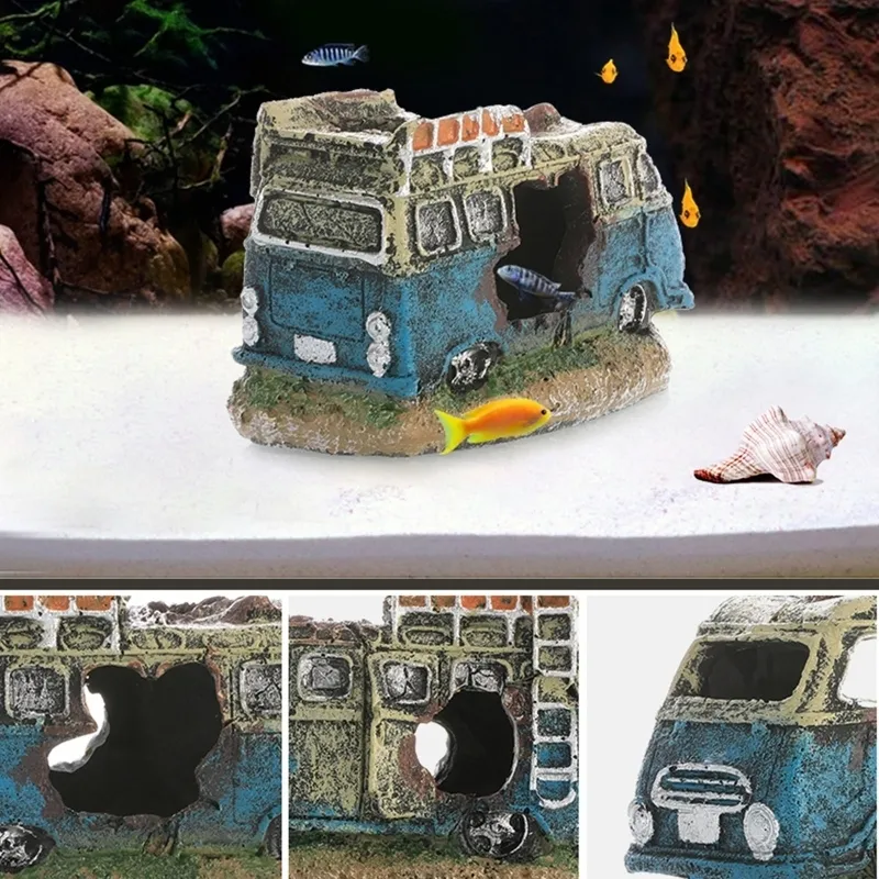 Hideaway de aquário de decoração de tanques de peixes Casa de veículos quebrados com cavernas de resina na caverna Acessórios de paisagismo de carros de resina 22032651111114