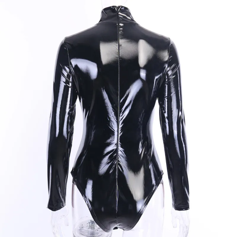 Noir À Manches Longues En Cuir PU Body Mince Col Roulé Sans Couture Sexy Combishort Femmes Discothèque Partie Bottomshirt Latex Combinaison 220801