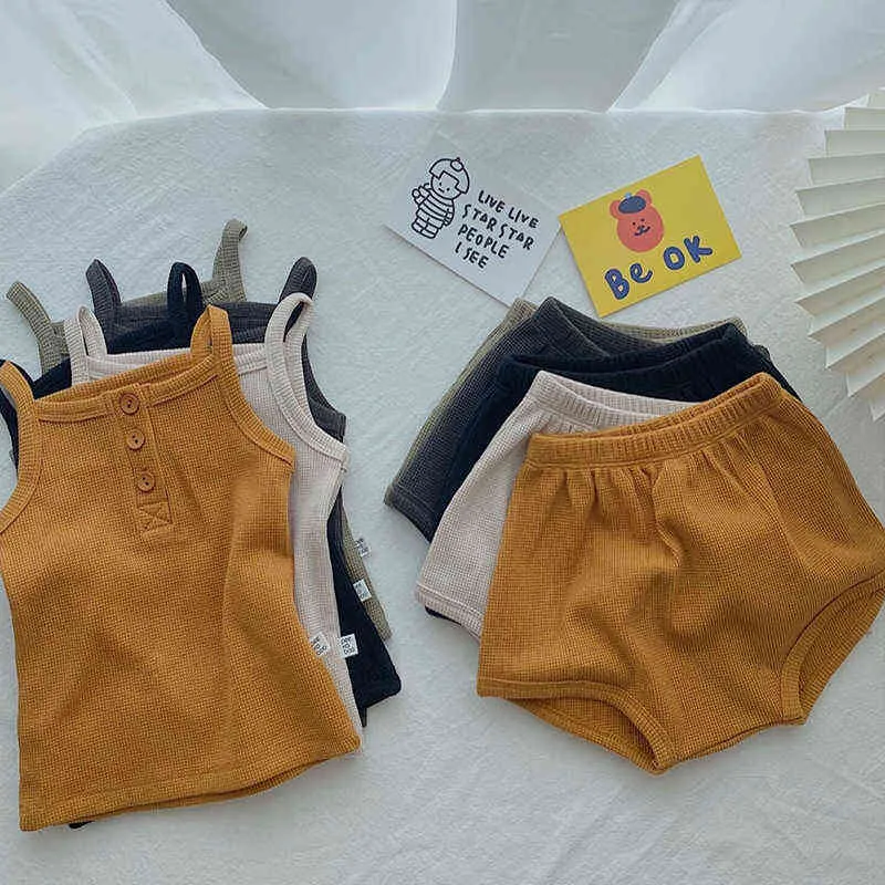Nouveau-né bébé vêtements été filles tricoté camisole haut garçon bébé gaufre gilet triangle shorts décontracté costume pour enfants G220521
