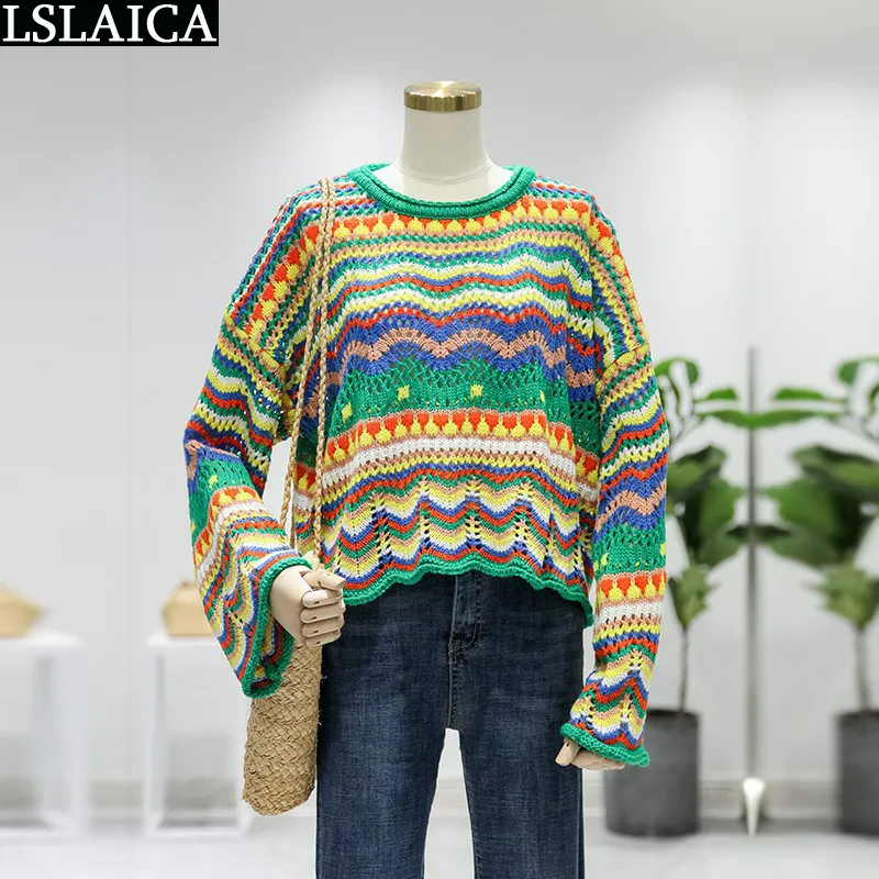 Sweater Women Long Sleeve Colorful Stripes Stitching O Neck Casual Sweaters For Knit Fashion Autumn Winter Loose 220810