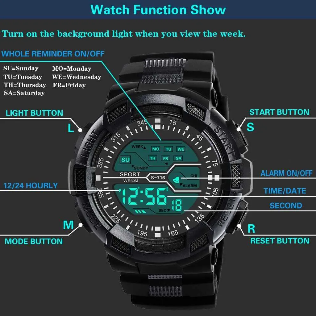 Электронные часы Светодиодные часы Дата Открытый Спортивный Цифровой для мужчин 30 м Водонепроницаемый Наручный Часовой Силиконовый ремешок