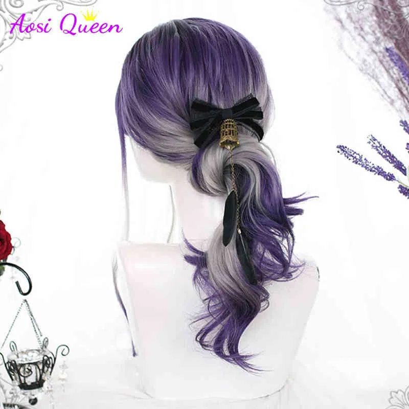 Wig Feminino Gradiente Purple Cinza Longo Curly com Air Bangs Girl Diário Partido Cosplay Fibra Resistente ao Calor Synthetic 220622