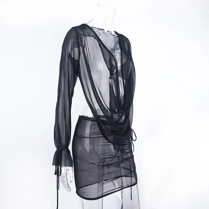 OMSJ Fashion Club Streetwear Set Deep V-neck Long Sleeve Backless Tops + Drawstring Mini Skirt Mesh Lace Up Beach Suits 220421
