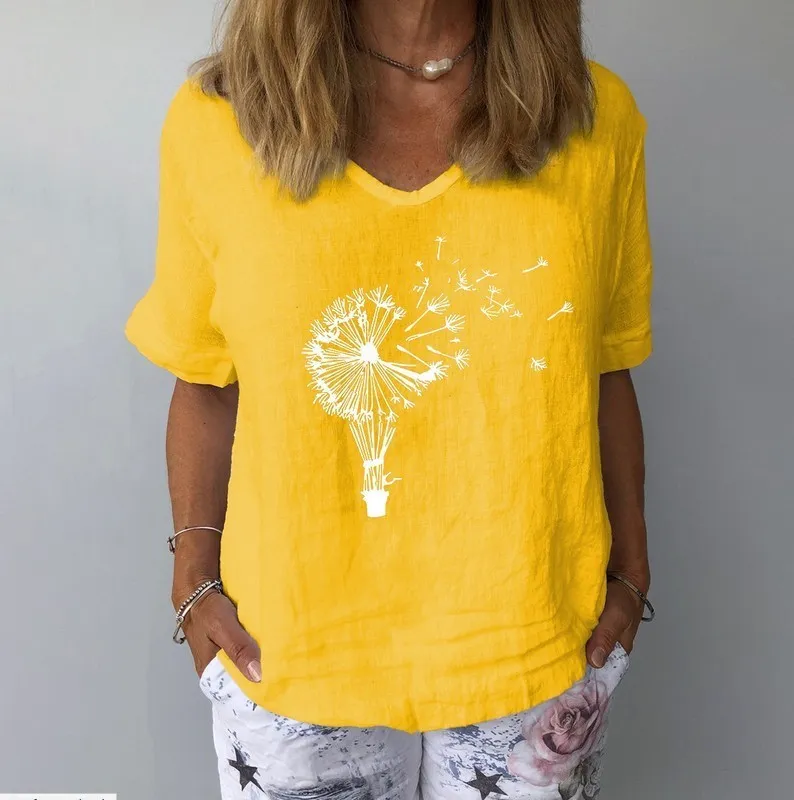 Impressão de dente-de-leão de verão Tops de learnion feminino t-shirts de manga curta de denominação