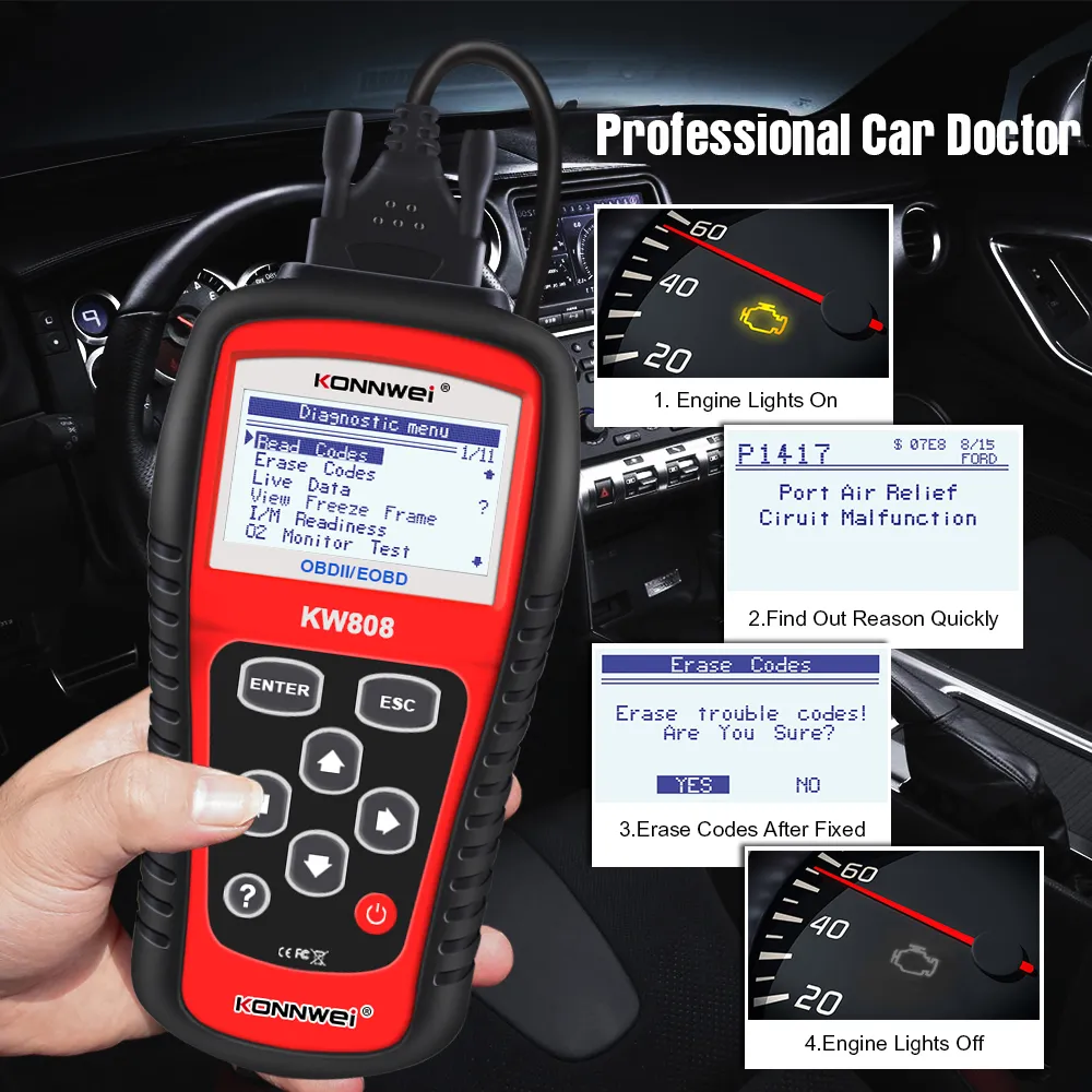 New Konnwei KW808 OBD 2 Skaner samochodowy OBD2 Auto Automotive Diagnostic Scanner Narzędzie Diagnostyczne Silnik Kod Code Reader ODB Narzędzia do samochodów Szybka wysyłka