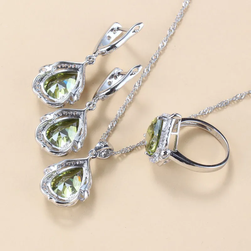 925 Mark Fashion Water Drop Jewelry Sets Women Accessories Olive Green Stone Bridal Necklace Sets Earrings Bracelet And Ring 220718