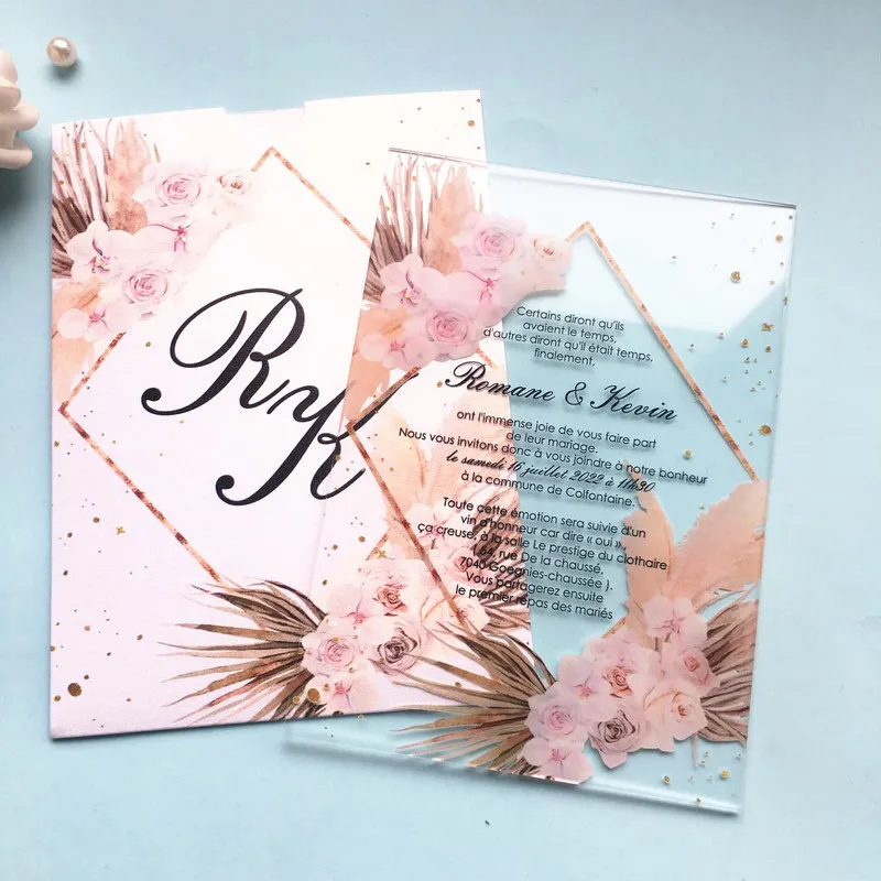 Pocket Flower Lop Fancy Elegant Wedding Invitation Cards Acryl Huwelijk uitnodigen Custom Model 220707