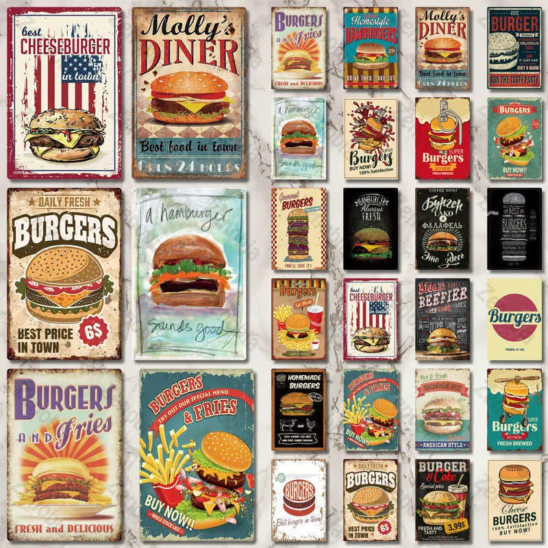 Hamburger Metallschild Plaque Metall Vintage Fast Food Wanddekoration für Küchencafé Diner Bar Burger Metallschilder 20 x 30 cm2964066