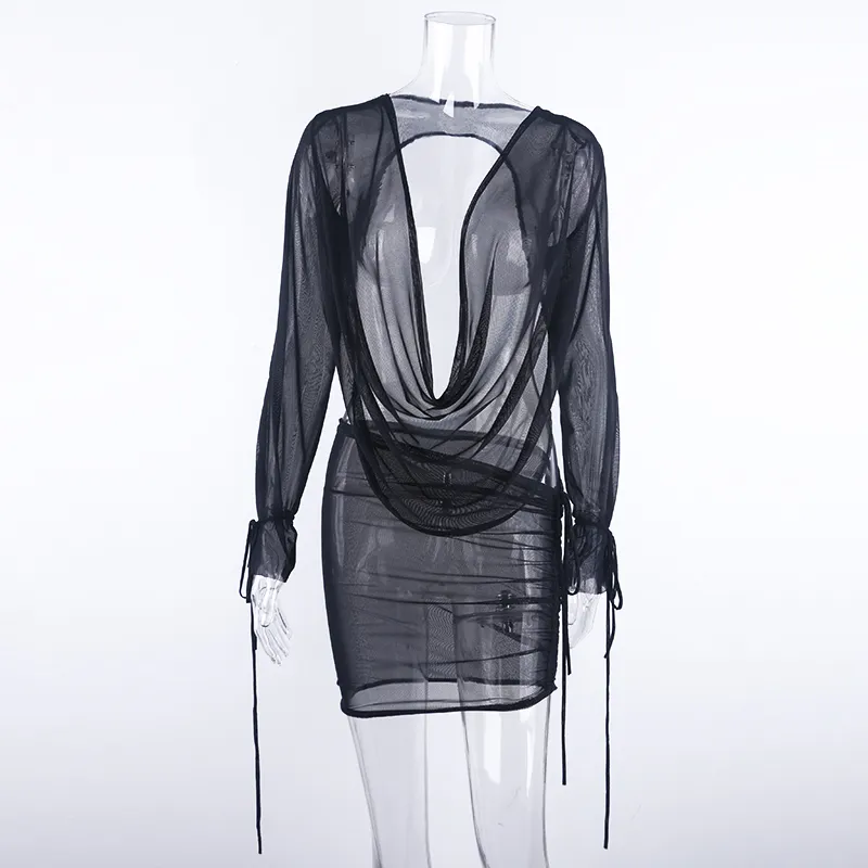 OMSJ Fashion Club Streetwear Set Deep V-neck Long Sleeve Backless Tops + Drawstring Mini Skirt Mesh Lace Up Beach Suits 220421