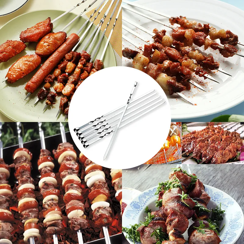 Duolvqi 6 pzBarbecue Spiedini Di Carne Pezzi Di Acciaio Inossidabile churrasqueira Arrosto Stick Barbecue Picnic All'aperto 220510