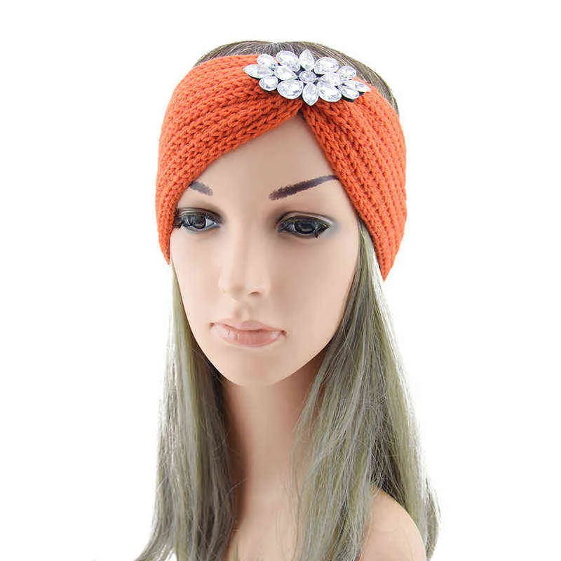Winter Wide Knitted Headband Women Clear Crystal Flower Twist Crochet Hair Band Head Wrap Rhinestone Ear Warmer Accessories AA220323