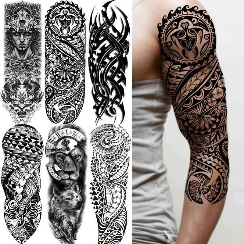 NXY Tymczasowy Tatuaż Tribal Maori Sleeve dla mężczyzn Kobiety Dorosłych Wolf Lion S Fototapeta Czarny Duży Turtle Tiki Fałszywe Tatuaże Dostawy 0330