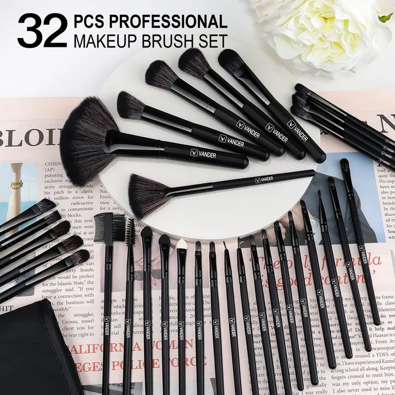 32 pezzi pennelli trucco nero capelli naturali fondotinta professionale in polvere ombretto fard set di pennelli trucco con custodia 220623