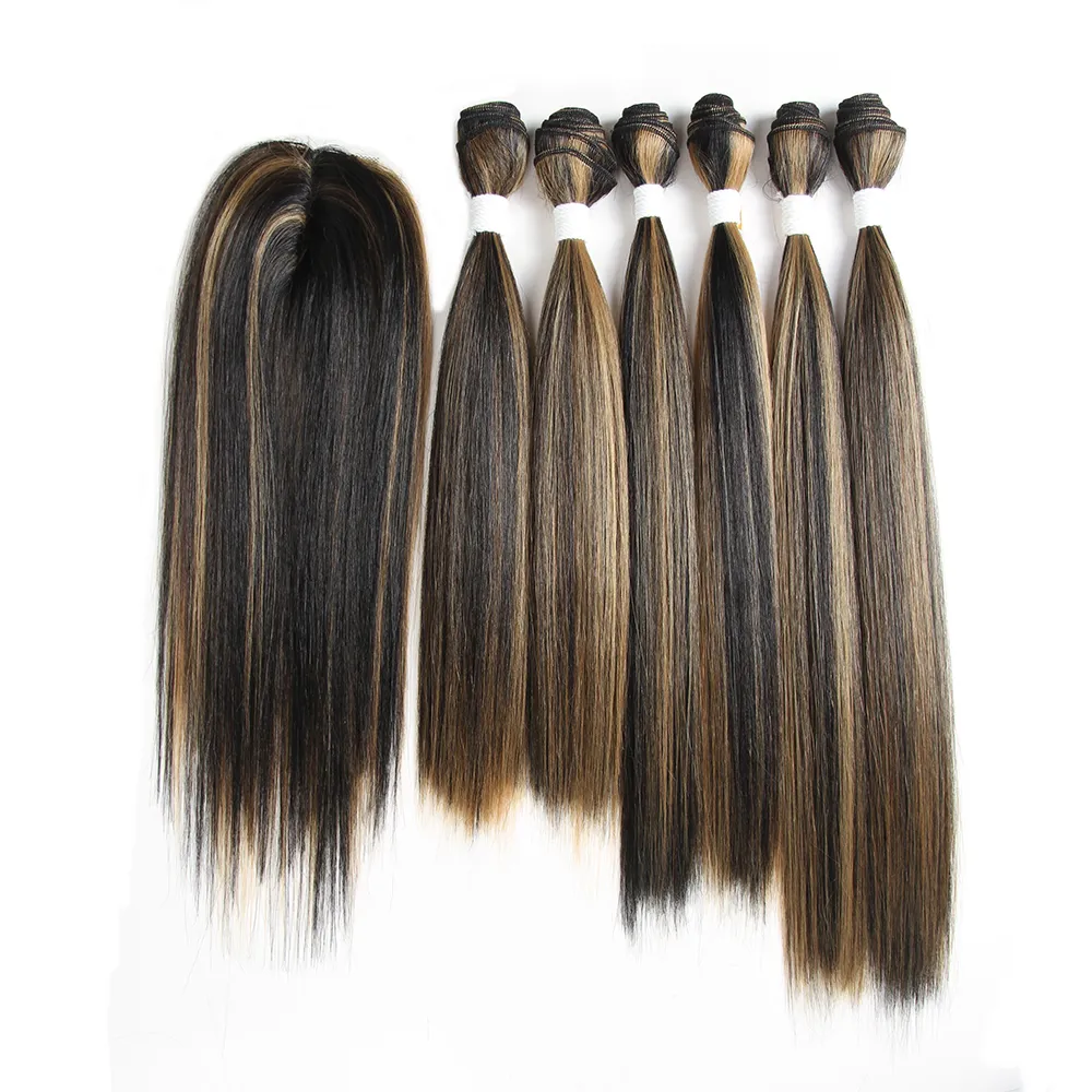 ヤキストレートハイライト合成髪の織り6つの小さなレースの閉鎖と14-18インチの髪の毛バンドルウェフトエクステンションファクトリーダイレクト