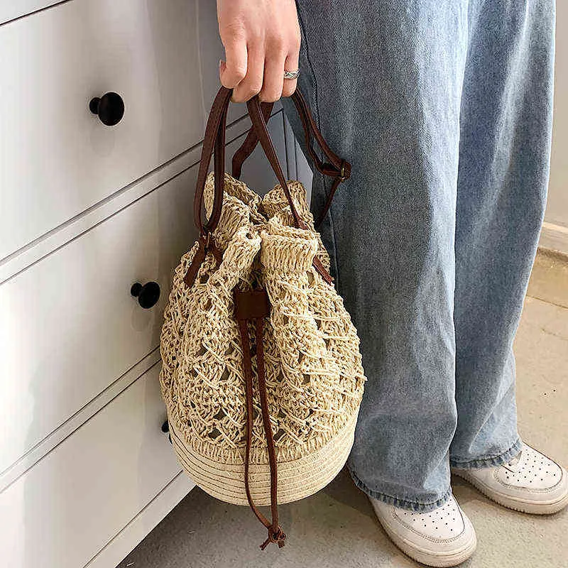 Shopping Bags Small Bucket Crossbody for Women Fashion Summer Shoulder Handbags Ladies Luxury Brand Beach Weave Purses 220317