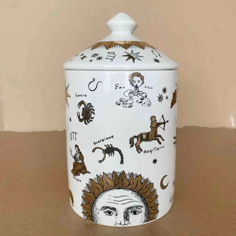 Zodiac Pesci Gemini Libra Candle Holder Candelabra Home Decoration Ceramic Jar Cup Gold H220419の創造的なイタリアスタイルの標識