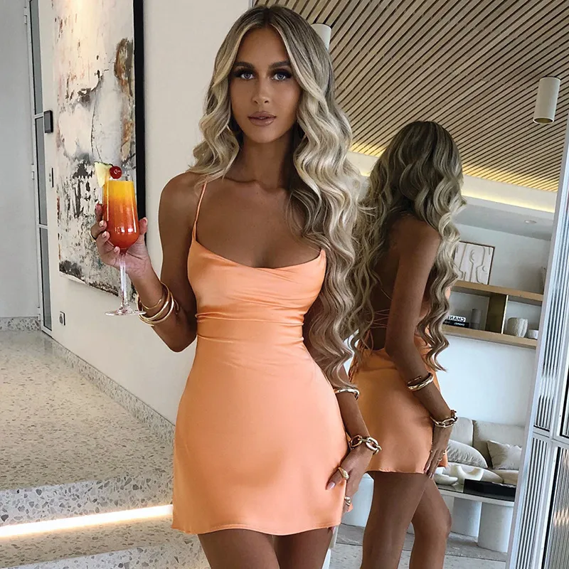 Spaghetti Straps Mini Satin Dress for Women Summer Backless Low Cut Bandage Sexy Cami Dresses Womens Party Club Wear Sundresses 220615