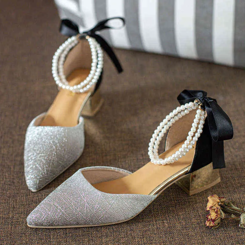 Dress Shoes Elegant String Bead Ankle Strap Pumps Women Be Toe Mix Color Woman Wedding Back Bowtie High Heels Ladies 220416