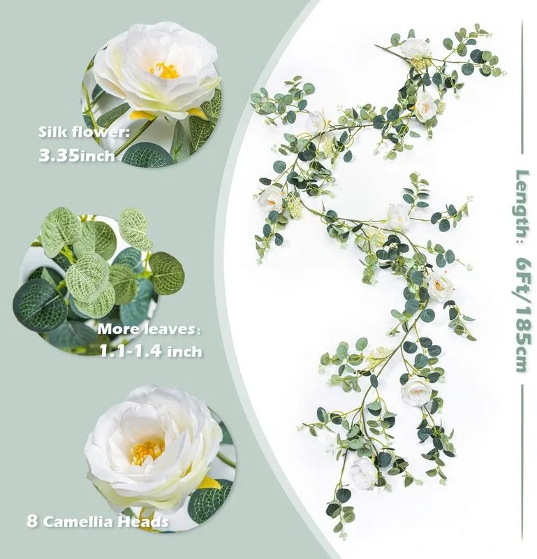 185cm Artificial Flowers Plants Fake Eucalyptus Garland Camellias Silk Rose Vine Decoration Faux Leaf Floral Hanging for Wedding 0614