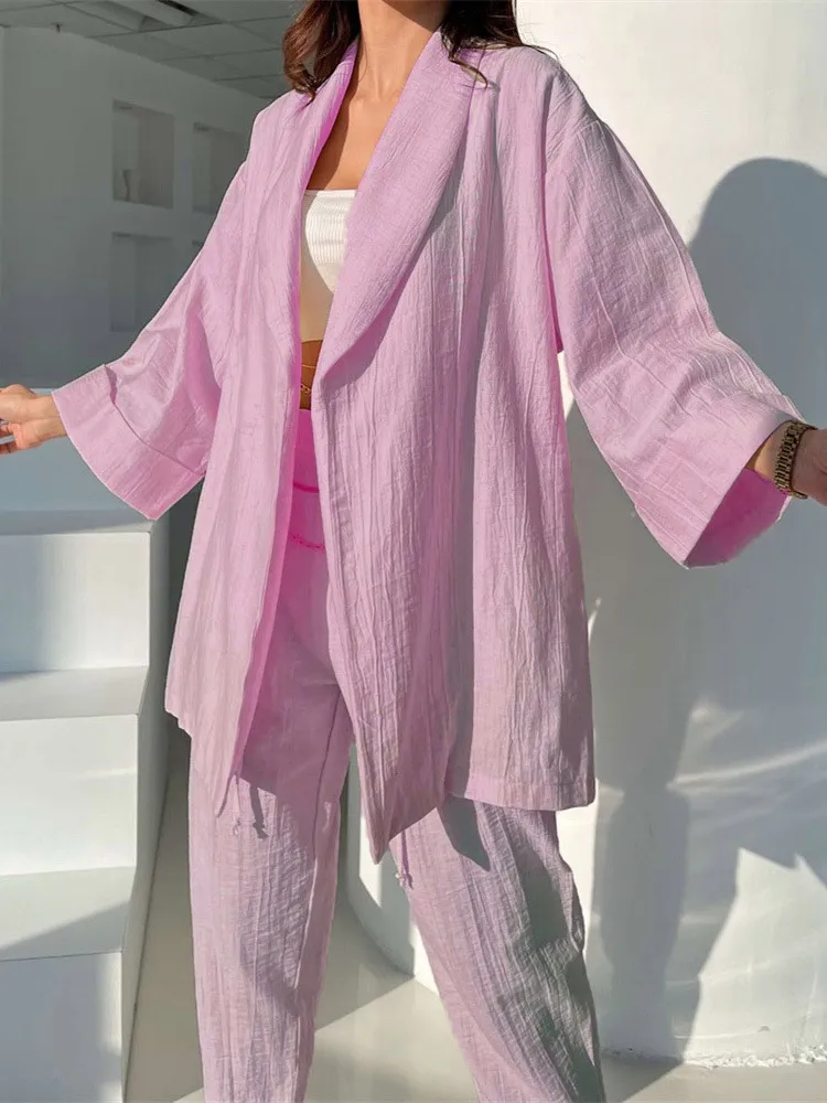 Proste, stałe bawełniane komfortowe garnitury odzieży domowej Kobiety Spring długie płaszcze z spodniami o wysokiej pasie Stroje retro dwuczęściowe zestawy Kimono 220621
