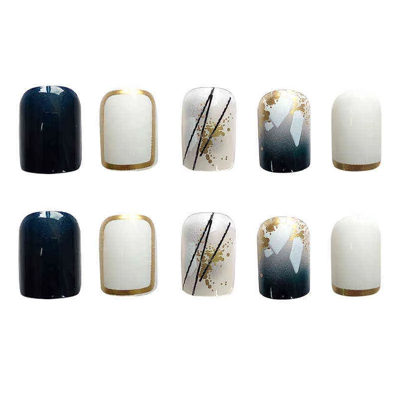 False nagels 24 -stcs nep met lijmblauw goudfolie slijtage korte paragraaf mode manicure patch druk op ontwerpen dl 0616